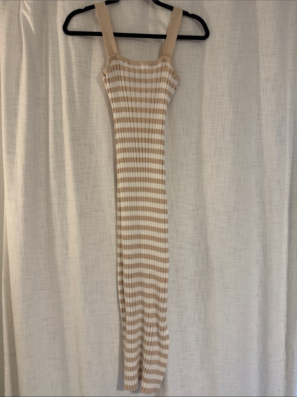 Beige & White Striped Ribbed Midi Dress